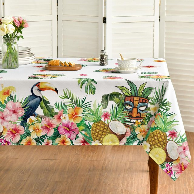 Wasserdichte Tischdecke von JINGYUE Pet mit tropischem Palmenblatt- und Hibiskus-Design, Mehrfarbig, B/L: 100 x 160 cm - Bild 1