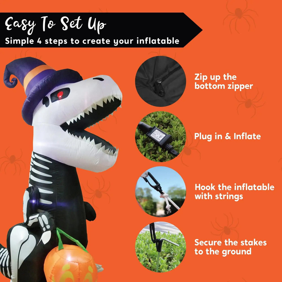 Discover Intime Halloween Aufblasfigur Skelett-Dinosaurier mit Kürbis und LEDs, Höhe: 2,4 m, Mehrfarbig - Bild 2