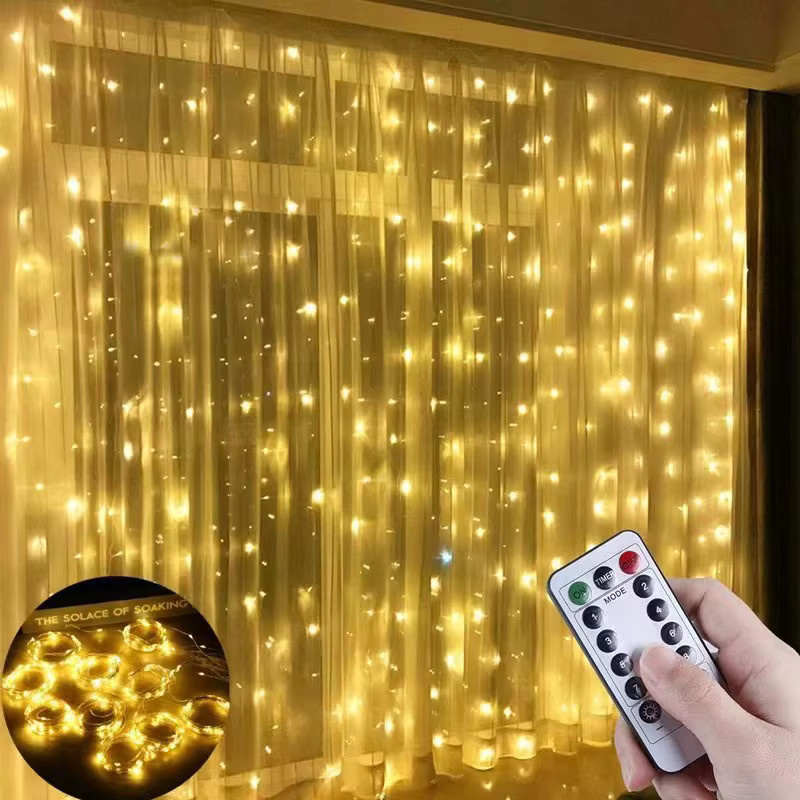 IEEYEEY LED-Vorhang-Lichterkette mit Fernbedienung und USB-Anschluss für Weihnachten und Dekoration - Bild 1