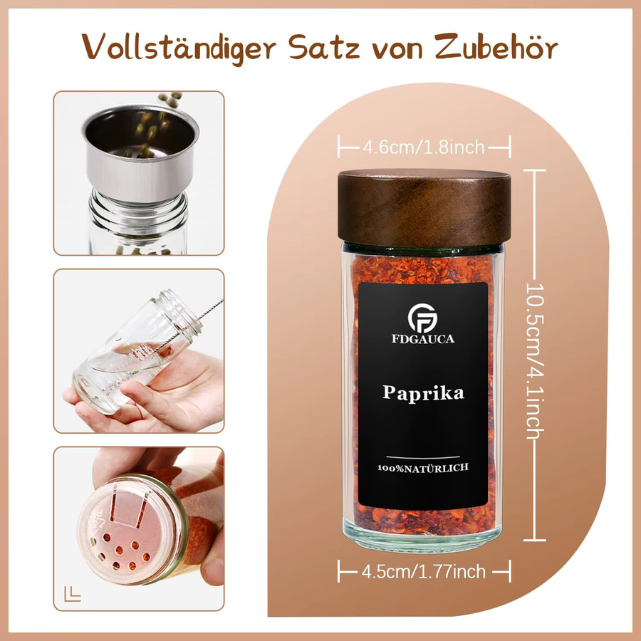 SIAZIH Gewürzglas Set aus Glas mit Rosenholzdeckel und Gewürzetiketten, transparent/braun, 100 ml pro Glas - Bild 3
