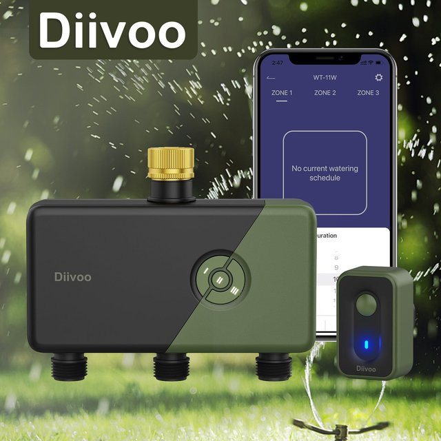 Diivoo Garten-WLAN-Bewässerungstimer für 1-4 Zonen mit Regenverzögerung und manueller Steuerung - Bild 1