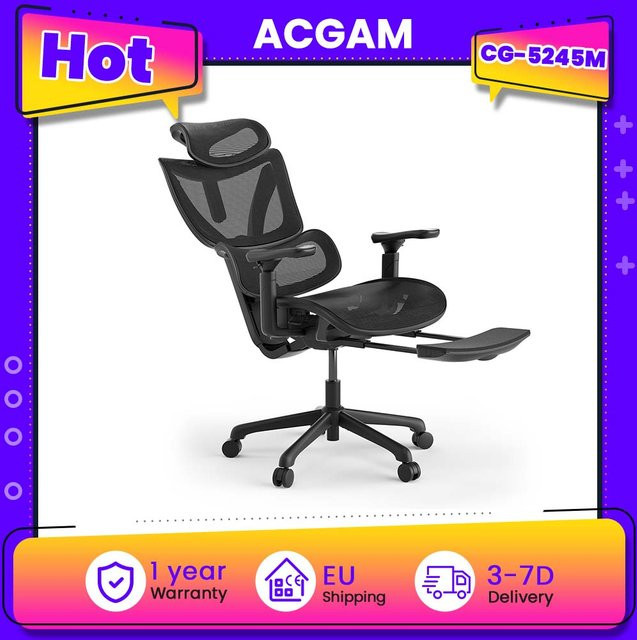 ACGAM CG-5245M Ergonomischer Gaming-Stuhl in Schwarz mit atmungsaktivem Netzstoff, verstellbarer Lendenwirbelstütze, 3D-Armlehnen und 2D-verstellbarer Kopfstütze - Bild 1