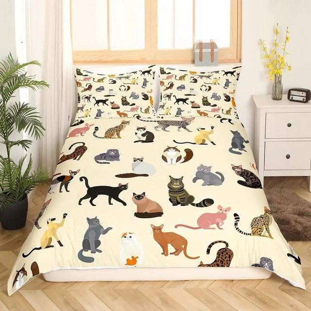 Katzen Bettwäscheset mit niedlichem Cartoon-Katzenmuster aus Polyester, 2-teilig, Mehrfarbig, B: 135 cm, L: 200 cm - Bild 1