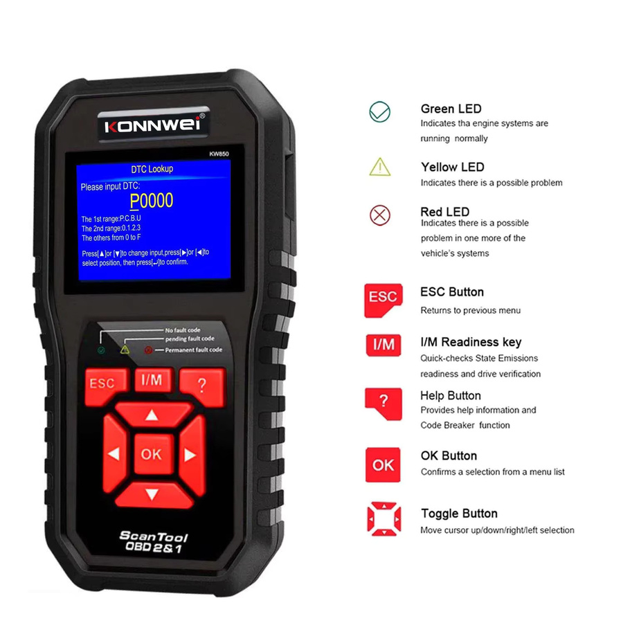 KONNWEI KW850 Auto OBD2 Scanner Professionelles Diagnosegerät für O2-Motorsystem-Check und DTC-Lookup in Rot-Schwarz - Bild 4