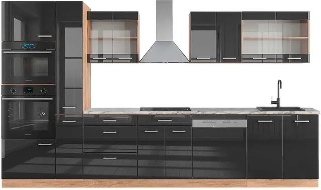 Vicco R-Line Küchenzeile in Anthrazit Hochglanz und Goldkraft Eiche mit Hochschrank und Marmor-Arbeitsplatte, Breite: 350 cm - Bild 1