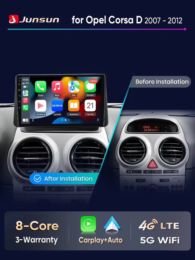 Junsun Wireless CarPlay und Android Auto Autoradio für Opel Corsa D (2007-2012) mit GPS, Bluetooth, FM und DSP in Schwarz - Bild 5