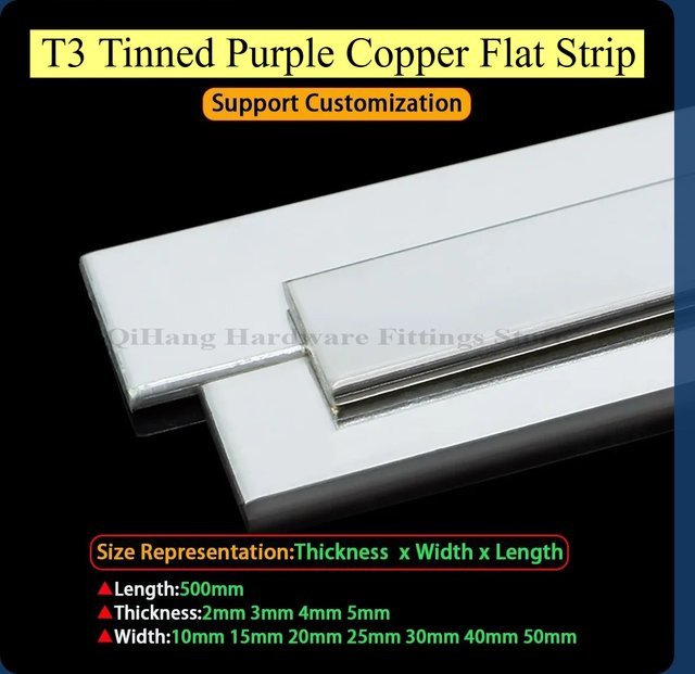 Verzinnte Kupferleiste T3 als leitfähige Erdungsplatte und Busbar, Farbe: Lila/Silber, Länge: 500 mm, Breite: 10–50 mm, Dicke: 2–5 mm - Bild 1