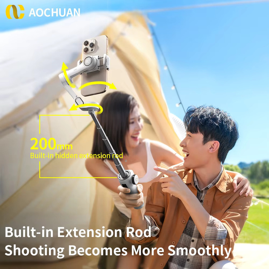 AOCHUAN Smart V8 3-Achsen-Hand-Gimbal-Stabilisator mit Verlängerungsstange und Stativ in Schwarz für iPhone und Android mit Gesichtsverfolgung für Livestreaming und Vlog - Bild 2