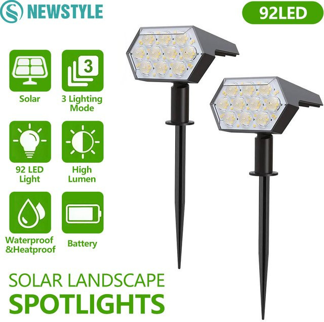 Newstyle Solar-Flutlicht für Außenbereich mit 92 LED, IP65 wasserdicht, warmweißes Solar-Spotlight für Garten, Zaun und Gehweg - Bild 1
