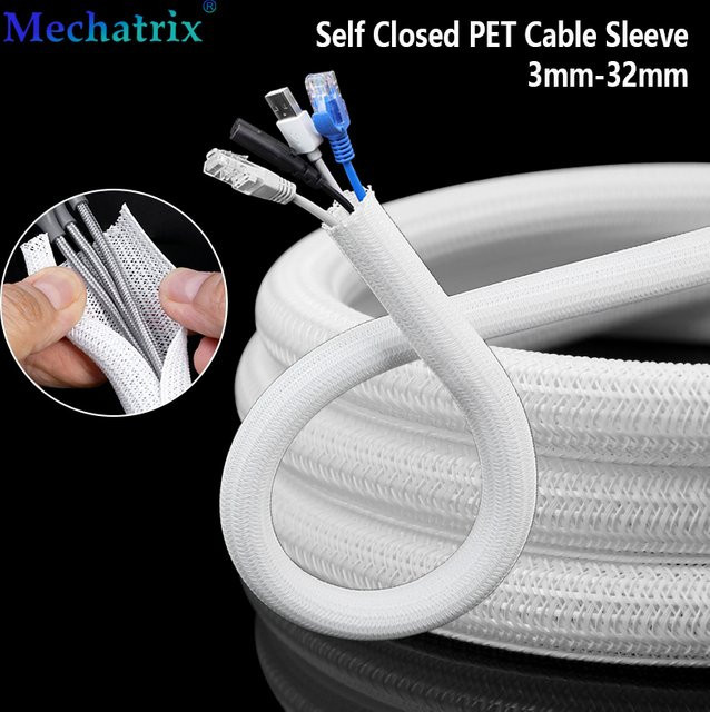 Weiße selbstschließende Kabelummantelung aus PET, geflochtener Kabelschutzschlauch für Kabelmanagement, Durchmesser: 3 mm bis 32 mm - Bild 1