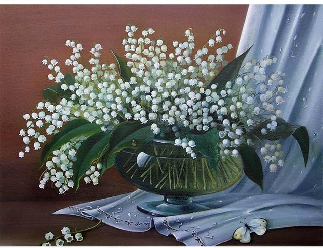 FIYO DIY Diamant Stickerei Maiglöckchen Blumen Strass Gemälde, Farbe: Weiß, B/H: 40 x 50 cm - Bild 1