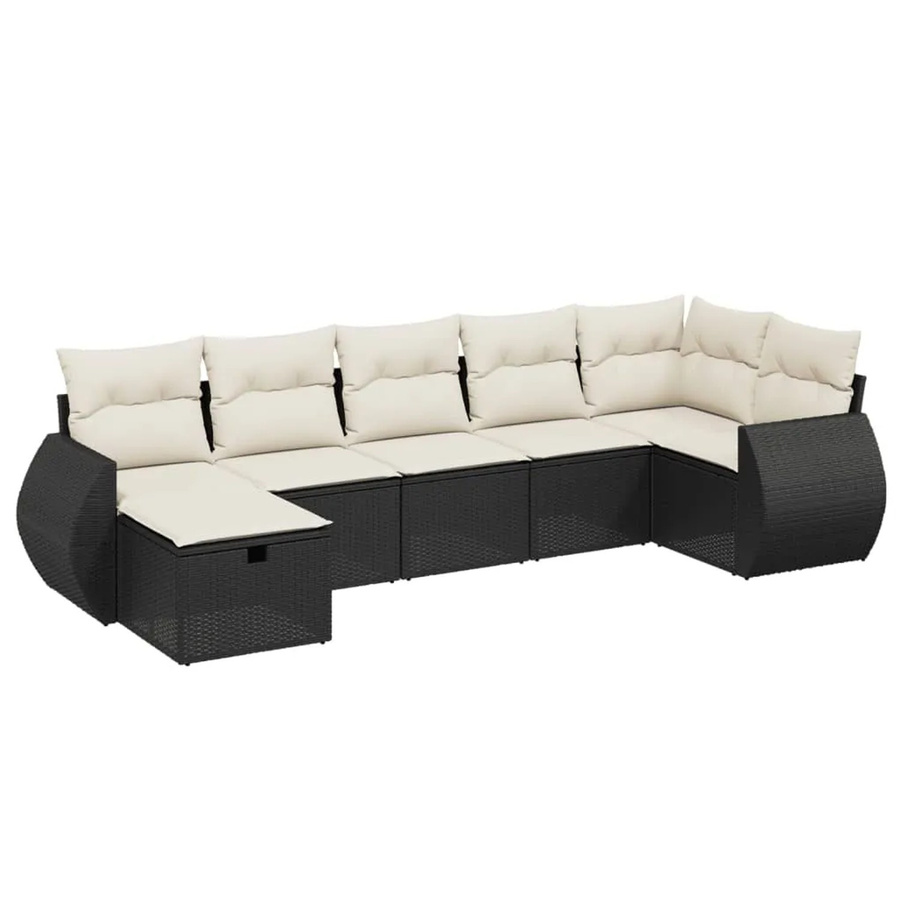 vidaXL 7-tlg Garten-Sofagarnitur aus Poly Rattan in Schwarz mit Kissen und Ottoman, L-Form für Terrasse und Garten - Bild 2