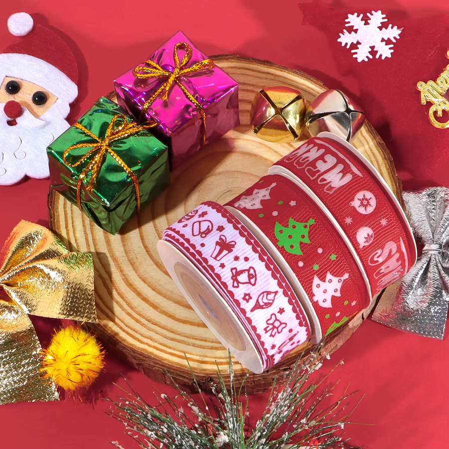 OEMOO Weihnachtsband aus Polyester mit floralem Print für DIY-Geschenkverpackungen und Weihnachtsdekoration, Breite: 1,5 cm, Länge: 4,57 m - Bild 6