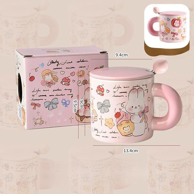 Niedliche Butter Bär Keramiktasse mit Deckel und Löffel von Yiran toy 1, 400 ml, in Blau, Pink oder Gelb - Bild 1