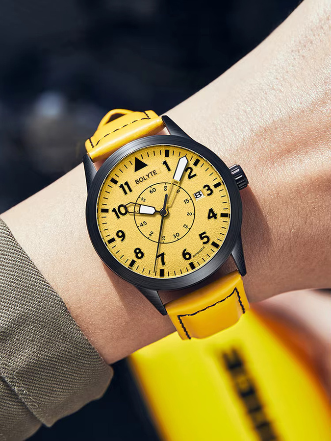 Bolyte Armbanduhr Automatik, Leder, gelbes Zifferblatt, Datum, Herren - Bild 5