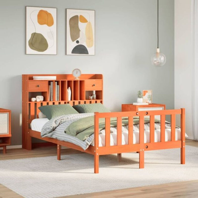 Massivholzbett aus Kiefer mit Regal von Vidaxl in Braun, B/T/H: 135 x 190 cm - Bild 1