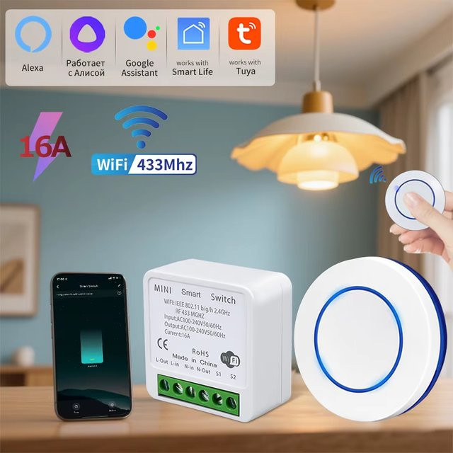 QNCX Smart Switch Tuya WiFi 433MHz 16A Kabelloser Relais-Empfänger mit rundem Panel-Touch-Schalter in Weiß, kompatibel mit Alexa und Google Home, 220V - Bild 1