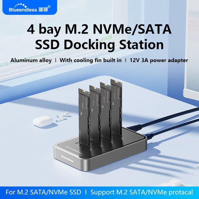 Blueendless 4-Bay M.2 NVMe/SATA SSD-Dockingstation mit USB-C Typ C, USB 3.1 10 Gbit/s, Dual-Protokoll für NVMe PCIe und SATA NGFF, Aluminium-Gehäuse - Bild 1