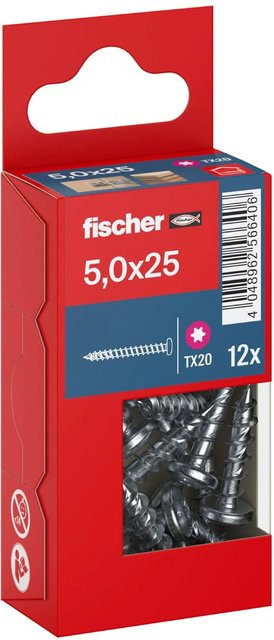 Fischer PowerFast II Pan Head TX Vollgewindeschraube für Holz, verzinkt, Silber, Durchmesser: 5 mm, Länge: 25 mm, 12 Stück - Bild 1