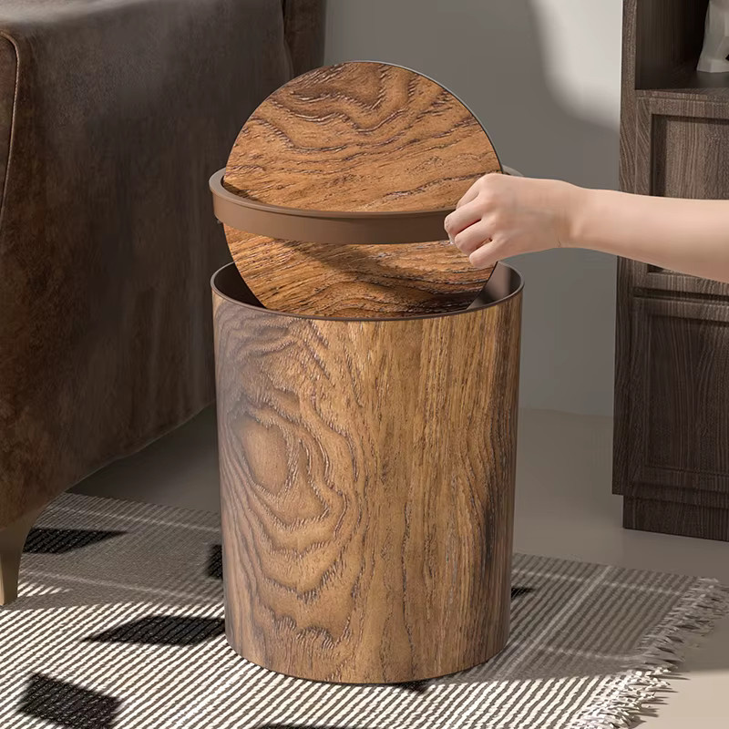 Retro Mülleimer mit Holzmaserung in Braun für Wohnzimmer, Küche und Büro mit Klappdeckel - Bild 3