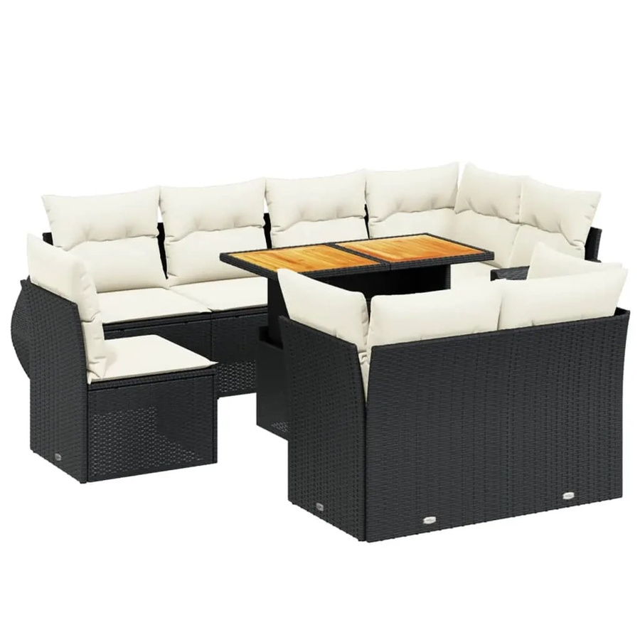vidaXL 9-tlg. Garten-Sofagarnitur in L-Form aus Poly-Rattan und Akazienholz mit Kissen in Schwarz-Creme - Bild 2