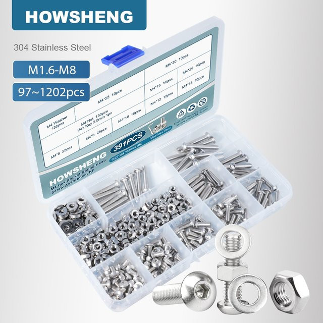 Edelstahl 304 Innensechskant-Halbrundkopfschrauben und Muttern-Set mit Unterlegscheiben von howsheng in den Größen M1,6 bis M8 - Bild 1