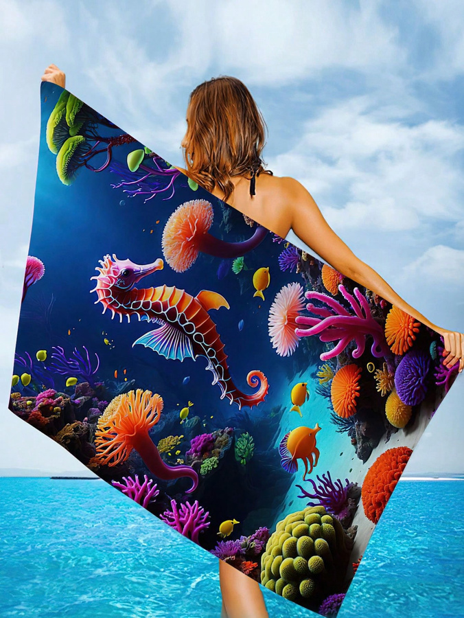 Ka Chen Muxi Strandtuch mit Seepferdchen- und Korallenmuster in Weiß, Breite: 30 cm, Höhe: 60 cm - Bild 2