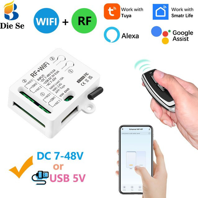 Tuya WiFi RF Schalter mit 2 Kanälen und Trockenkontakt Relais für DC 12V 24V, drahtlose Fernbedienung mit 50m Reichweite, kompatibel mit Google Assistant und Alexa - Bild 1