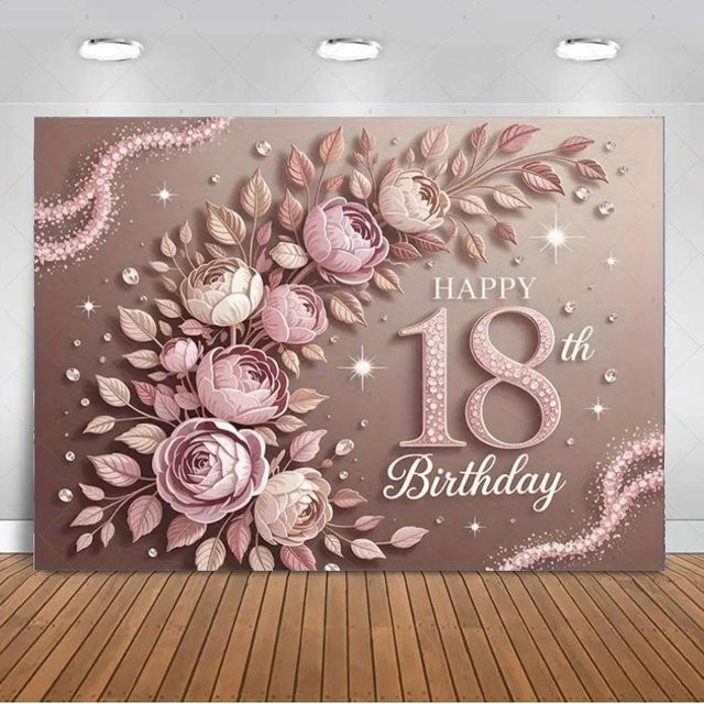 PopPartyLab Party Dekoration Hintergrund für den 18. Geburtstag in Schwarz, Gold und Pink mit Glitzer-Effekt, Blumen und Herzen, B/H: 180 x 120 cm - Bild 1