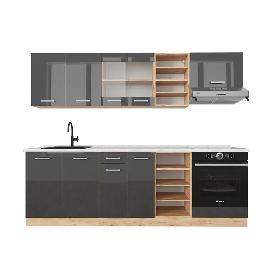 Vicco R-Line Küchenzeile in Anthrazit Hochglanz und Goldkraft Eiche mit Marmor-Optik, Breite: 240 cm - Bild 2