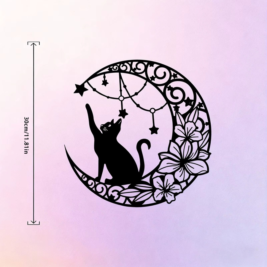 DDPNKL Metall-Wandkunst Katze auf Halbmond mit Sternen in Schwarz - Bild 4