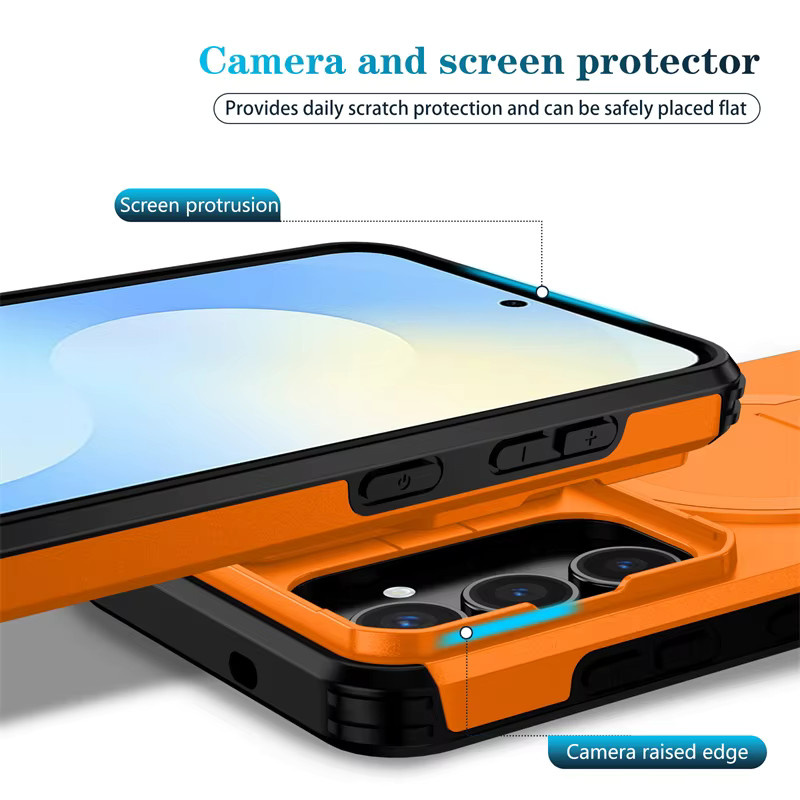 Magnetische 3-in-1 Schutzhülle für Samsung Galaxy S25 Ultra S24 Plus FE S25edge S25FE in Orange mit klappbarem Ständer und verstecktem Linsenschutz - Bild 3