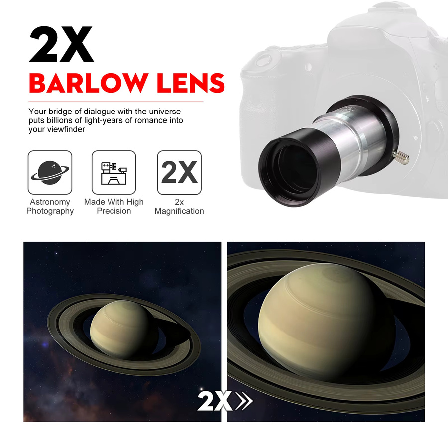Datyson 5P0052Q 2X Barlow-Linse 1,25 Zoll in Silber mit mehrfach beschichtetem Metallgehäuse für Teleskop-Okular-Astronomie - Bild 3