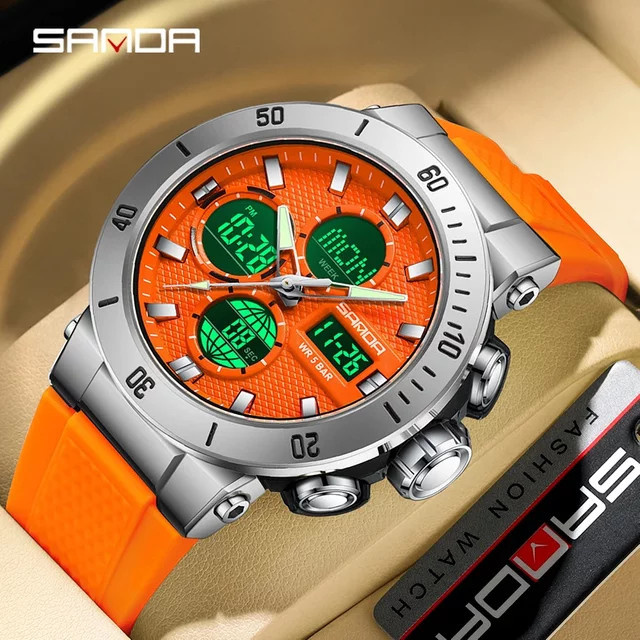 SANDA Chronograph Digitaluhr, Quarz, Silikonarmband, Herren, Schwarz - Bild 1