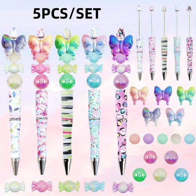 5er Set DIY Acryl Kugelschreiber mit Schmetterlings- und Bonbon-Perlen in Mehrfarbig - Bild 1