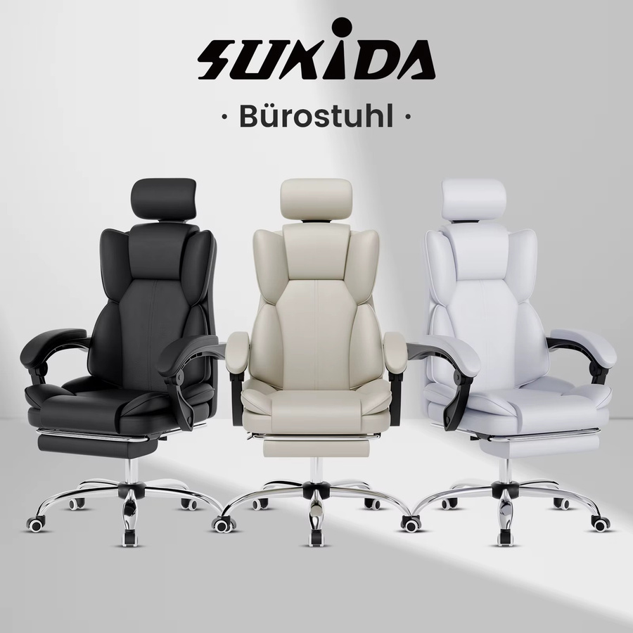 SUKIDA Gaming-Stuhl Ergonomischer Gamer-Stuhl mit Fußstütze und Kopfstütze in Beige-Schwarz aus Kunstleder - Bild 7