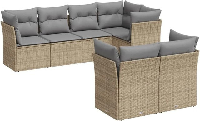 vidaXL 7-tlg Garten-Sofagarnitur in L-Form aus Poly-Rattan in Beige mit Sitzkissen und Rückenkissen inklusive Stauraum - Bild 1