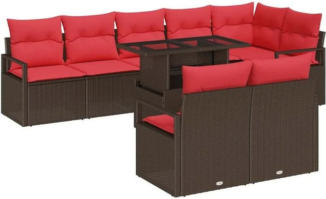 vidaXL Gartensofa-Set aus Poly-Rattan in Braun und Rot mit 9 Teilen, L-Form mit Eckelement, 3-Sitzer-Sofa, Couchtisch und integriertem Kissen-Speicher - Bild 1