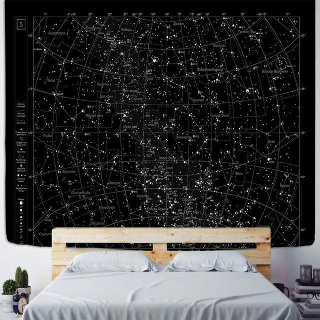 Wandteppich Super Six Himmelskarte der nördlichen Hemisphäre mit Sternkonstellationen in Schwarz, B/B: 150 x 150 cm - Bild 1