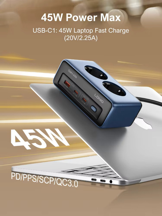 LDNIO Cube Schnellladegerät Steckdosenleiste mit 45W USB-C Ladestation und 2m Verlängerungskabel in Blau - Bild 1