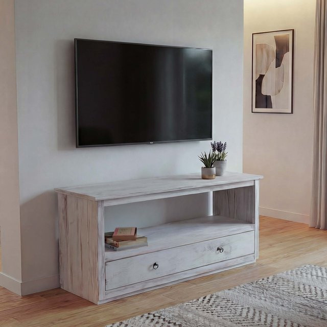 MCW TV-Rack Fernsehtisch Lowboard im Shabby-Look aus Paulowniaholz, Weiß, B/T/H: 110 x 39 x 53,5 cm - Bild 1