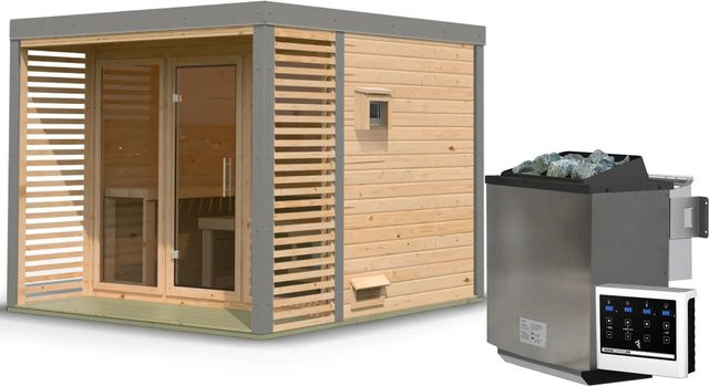 Karibu Saunahaus Seros Bio Log Cabin in Naturbelassen mit 9 kW Bio Ofen und Graualuminium-Details aus Fichte und Espe - Bild 1