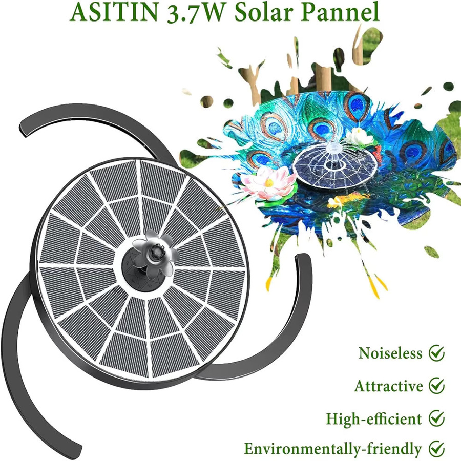 AISITIN Solar-Vogelbad-Brunnenpumpe 3,7 W, schwarze solarbetriebene Wasserpumpe für Garten, Teich, Pool und Aquarium, Durchmesser: 18,03 cm - Bild 2