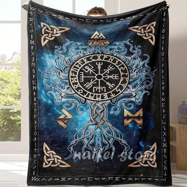 VIKAMA Maritime Decke mit Nordischen Runen und Wikinger Kompass, Blau, B/B: 100 x 150 cm - Bild 1