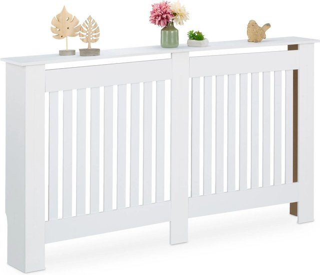Relaxdays Heizkörperverkleidung aus MDF in Weiß mit Ablage im Lamellendesign und Landhausstil, B/H/T: 152 x 83 x 19 cm - Bild 1