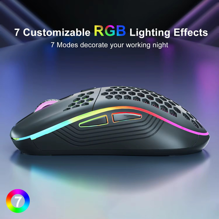Konouyouko Drahtlose Gaming-Maus mit Waben-Design, RGB-Hintergrundbeleuchtung, wiederaufladbar und einstellbarem DPI, USB-Empfänger, Schwarz oder Weiß - Bild 4