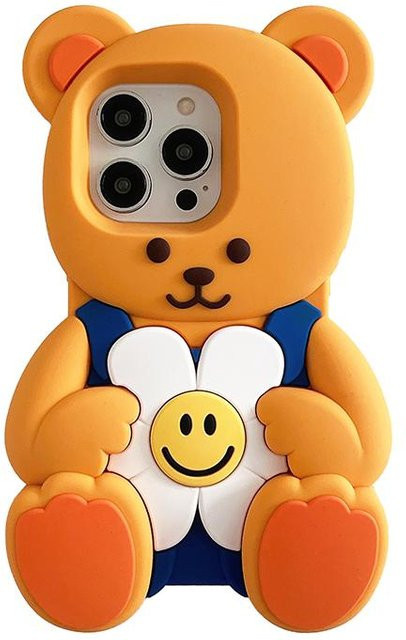 Binchi Health Electronics Silikonhülle mit 3D Cartoon Teddybär und Blumen für iPhone 16 16e 15 14 13 12 Pro Max, Stoßfeste Rückabdeckung, Braun - Bild 1