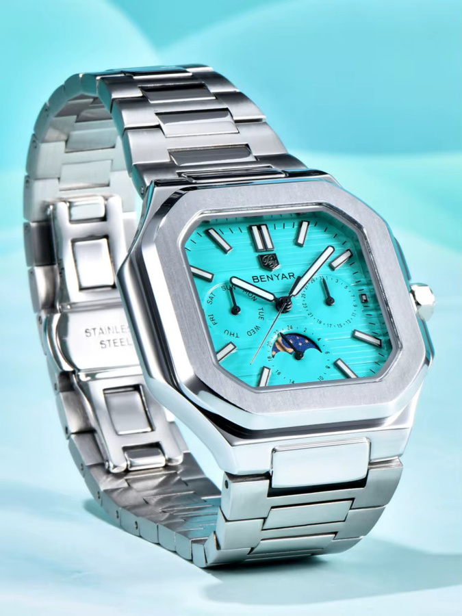 BENYAR Armbanduhr Quarz, Edelstahl, eckig, Blau, Herren - Bild 6