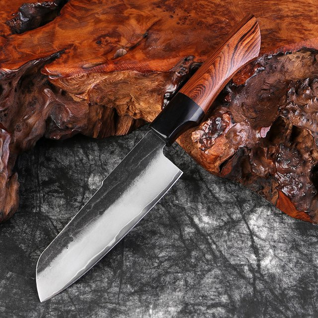 XITUO Santoku-Kochmesser aus japanischem Edelstahl, handgeschmiedetes Allzweckmesser mit Holzgriff, Silber, Klingenlänge: 12,7 cm - Bild 1