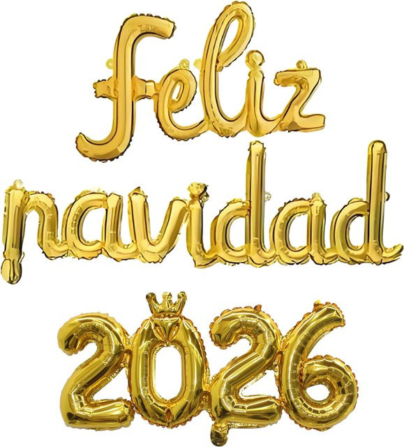 Spanische Weihnachtsdekoration Feliz Navidad 2026 Buchstaben- und Zahlen-Luftballons in Gold und Silber - Bild 1